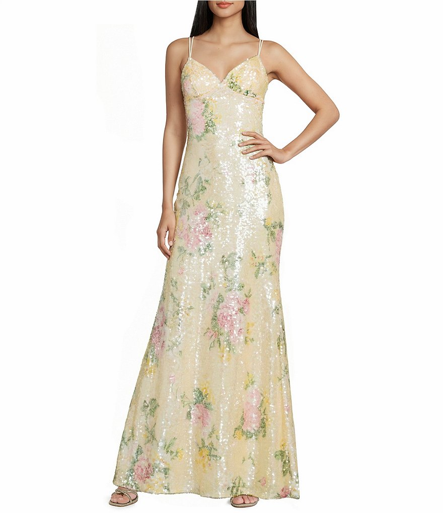 B. Darlin Floral Printed Sequin V-Neck Double Strap Lace Up Back Mermaid Prom Dress, Womens, 13, Yellow/Iridescent/Multi