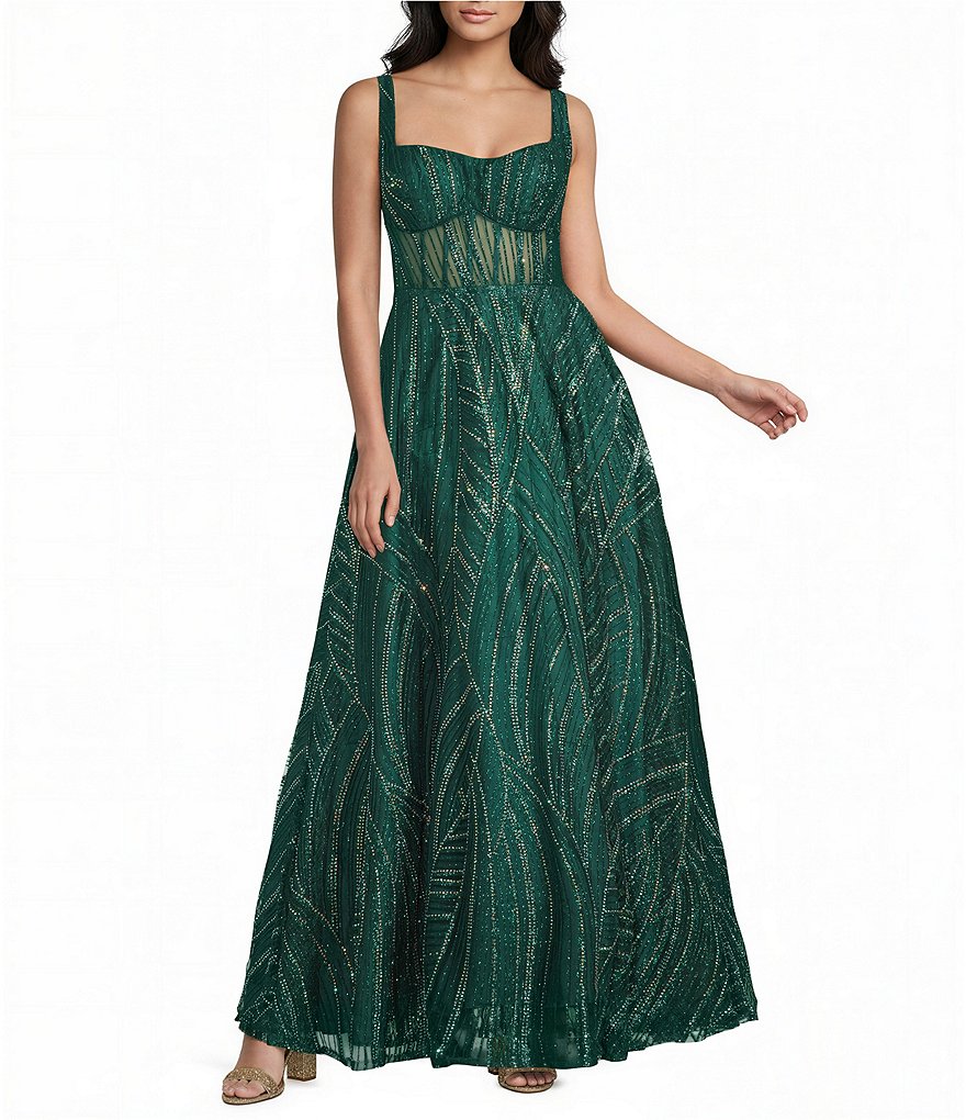 B. Darlin Glitter Accented Square Neck Illusion Bodice Long Dress