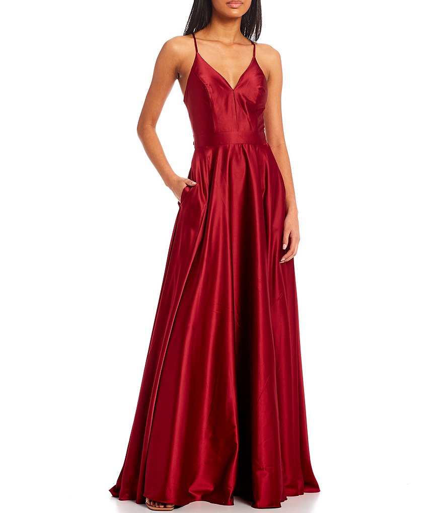 B. Darlin V-Neck Shirred Front Slit Long Satin Dress