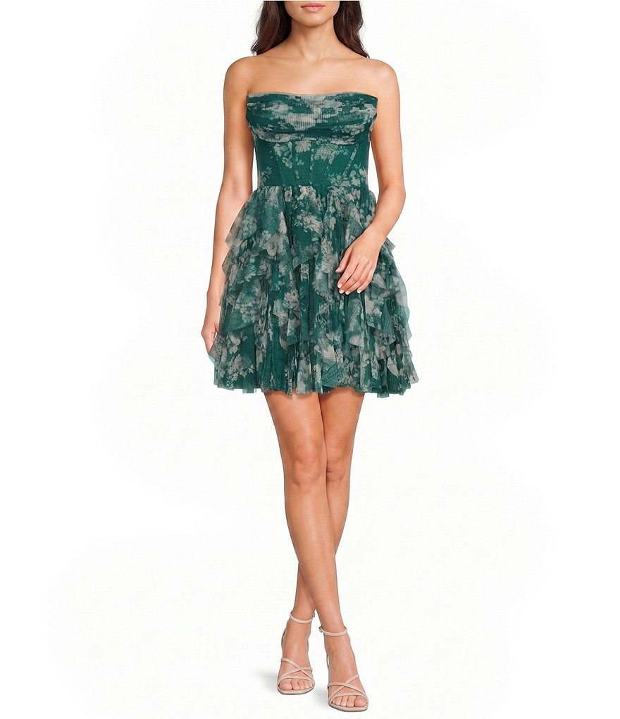 Mesh Floral Printed Strapless Corseted Ruffle Dress