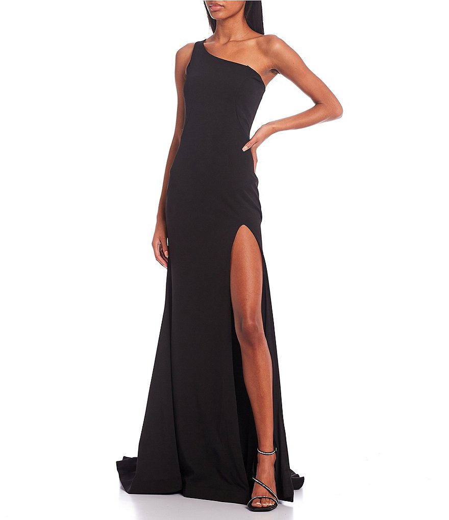 One-Shoulder High-Slit-Hem Scuba Crepe Train Ball Gown | Dillard's