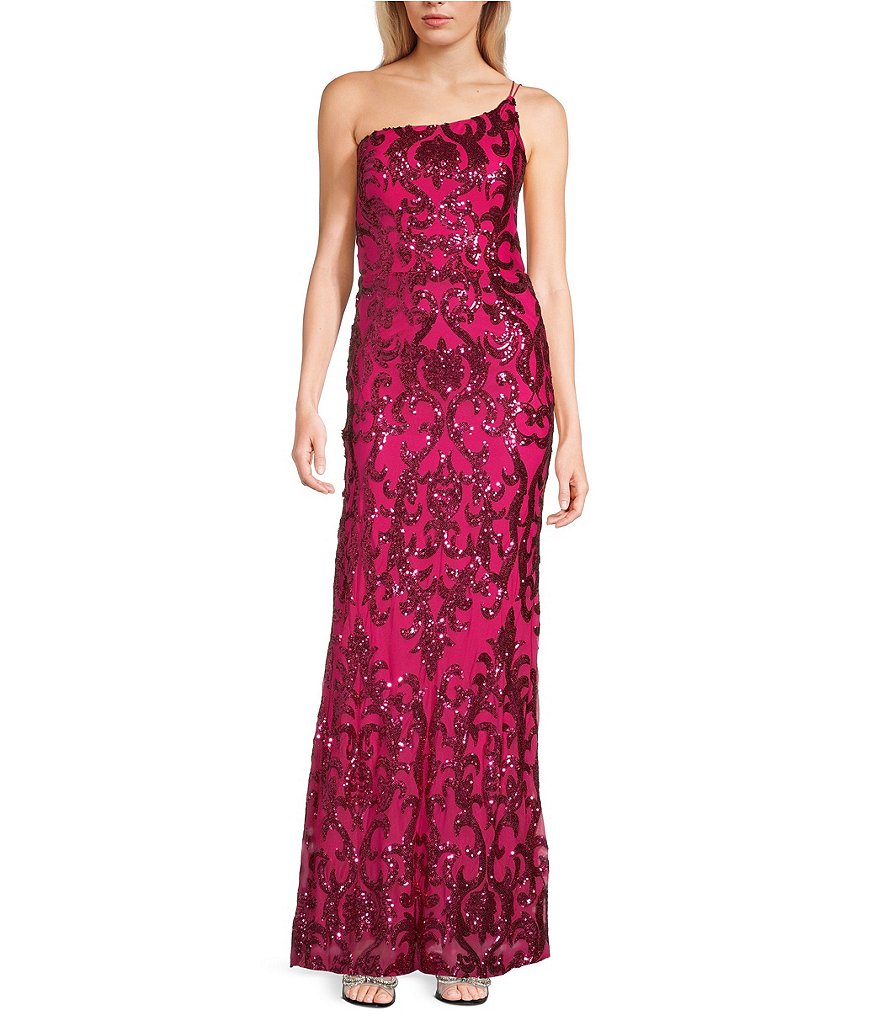 B. Darlin One Shoulder Pattern Sequin Strappy Back Long Dress | Dillard's