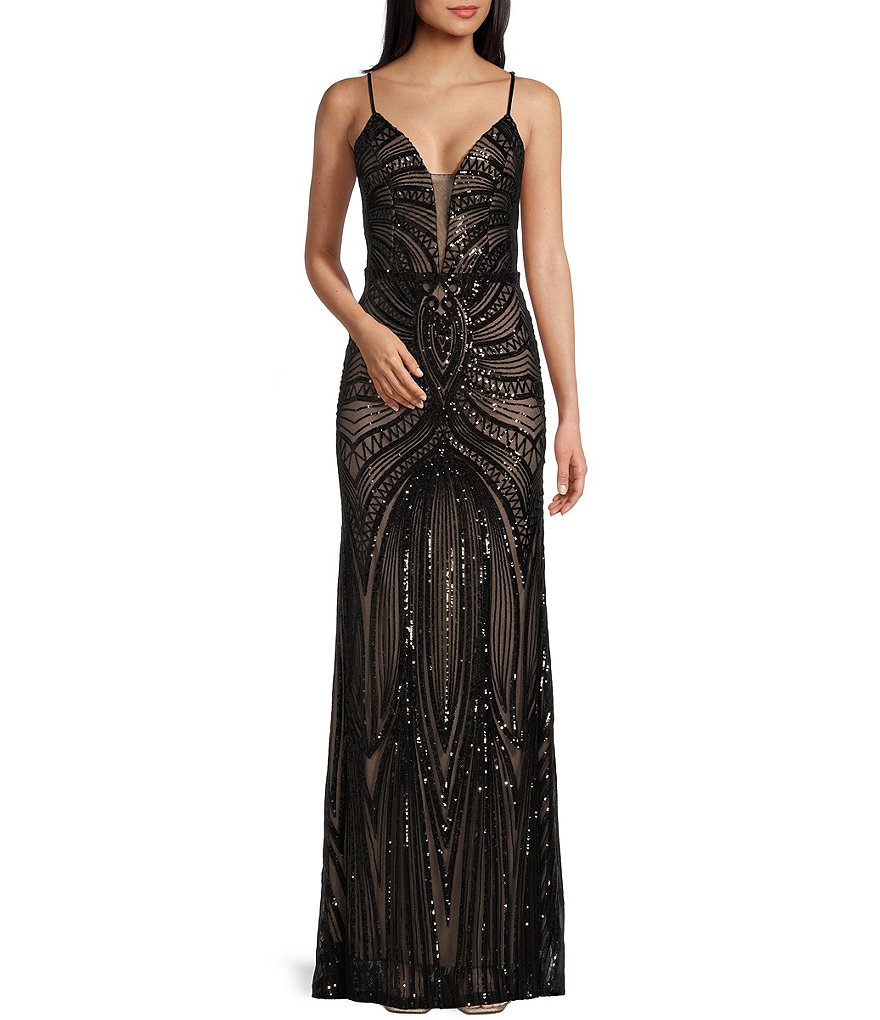 B. Darlin Placement Sequin Deep V-Neck Spaghetti Strap Long Dress ...