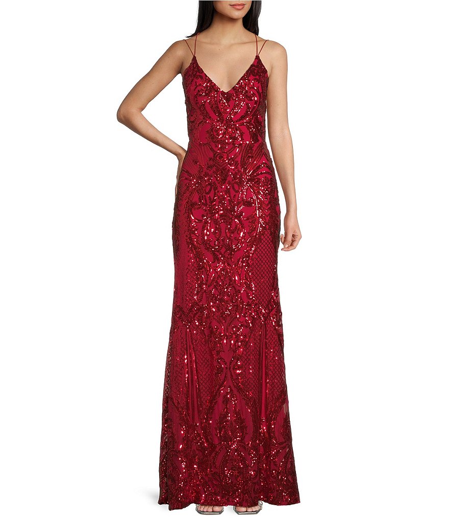 B. Darlin Placement Sequin V-Neck Bungee Strap Back Long Dress | Dillard's