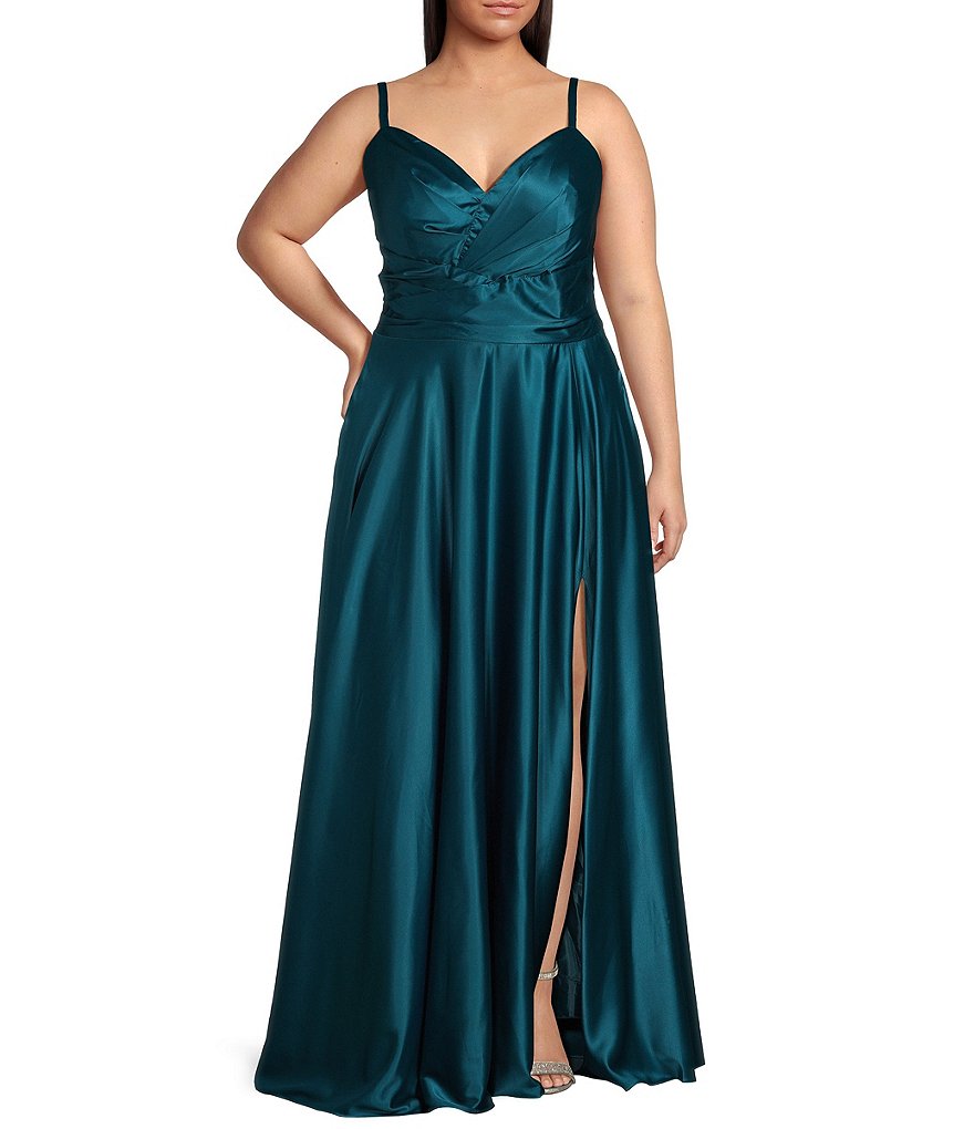 B. Darlin Plus Spaghetti Strap V-Neck Dull Charmeuse Long Gown