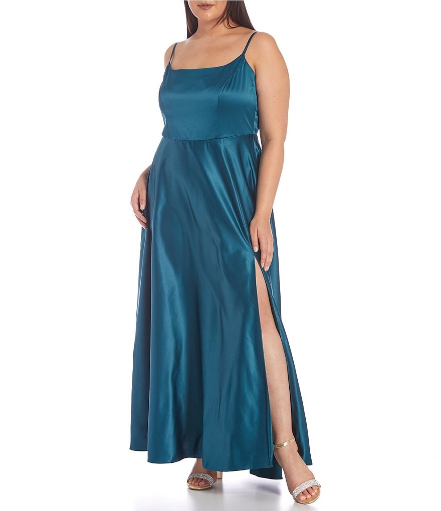 B. Darlin Plus Square Neck Satin Long Dress | Dillard's