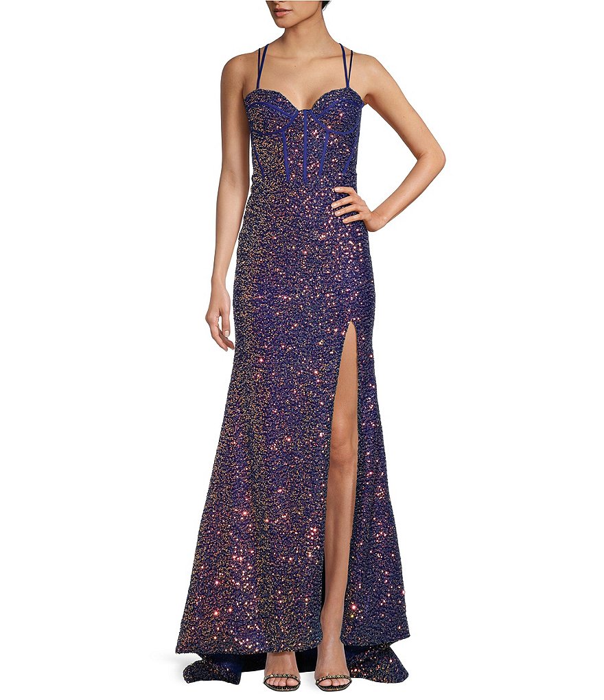 B. Darlin Sequin Corset Strappy Back Long Dress | Dillard's