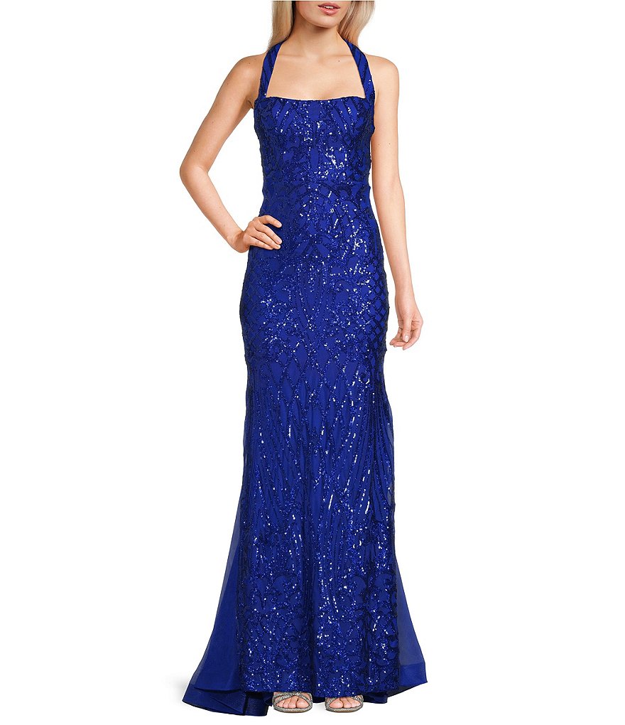 B. Darlin Sequin Pattern Square Neck Halter Godet Prom Dress, Womens, 0, Electric Blue