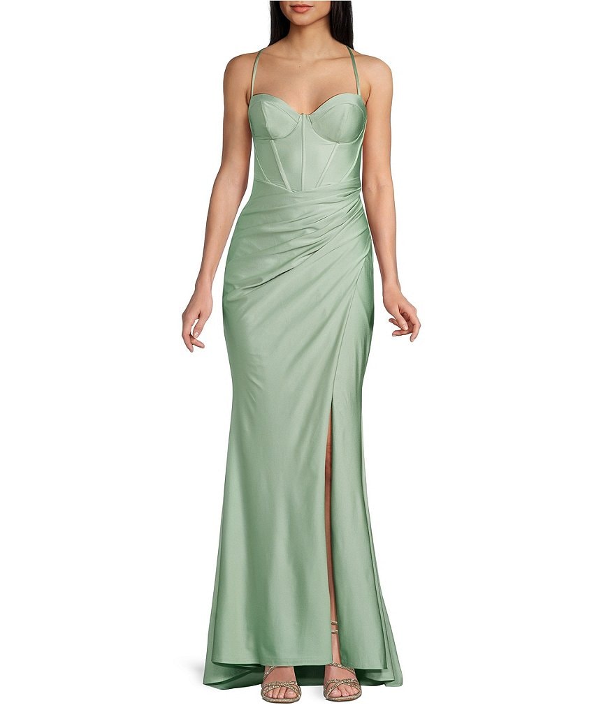 B. Darlin Spaghetti Strap Corset Side Shirred Long Dress | Dillard's