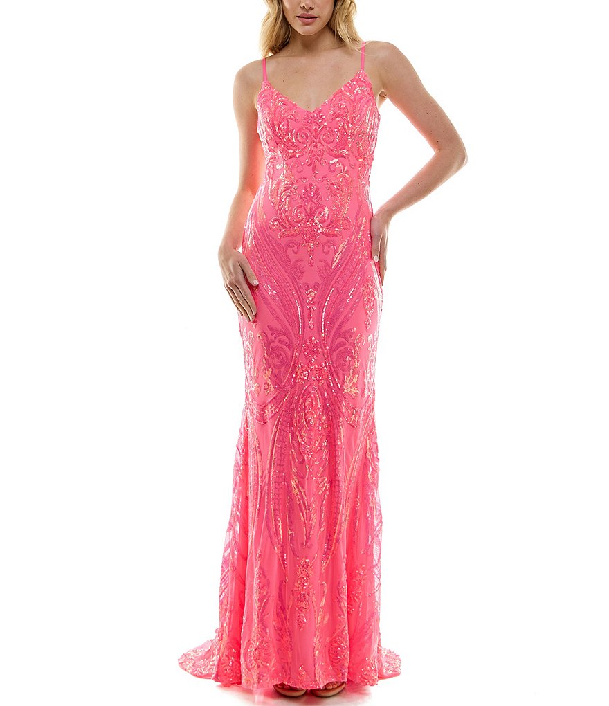 B. Darlin Spaghetti Straps V-Neck Sequins Skirt Tail Long Dress | Dillard's