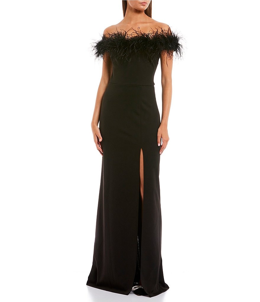 B. Darlin Strapless Feather Trim Front Slit Long Dress | Dillard's