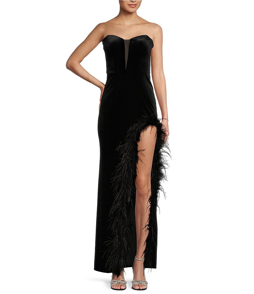 B. Darlin Strapless V-Neck Feather Trim Side Slit Long Dress