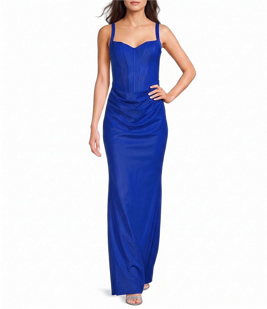 V-Neck Corseted Pleated Front Lace-Up-Back Dress