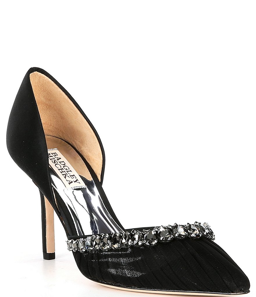 Badgley Mischka Everley Satin And Mesh Rhinestone Dress Pumps