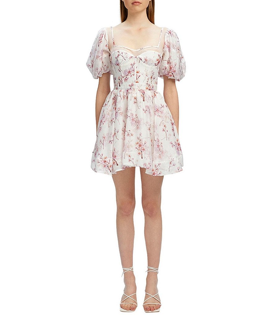 Bardot Gracious Floral Print Sweetheart Neck Short Puffed Sleeve A