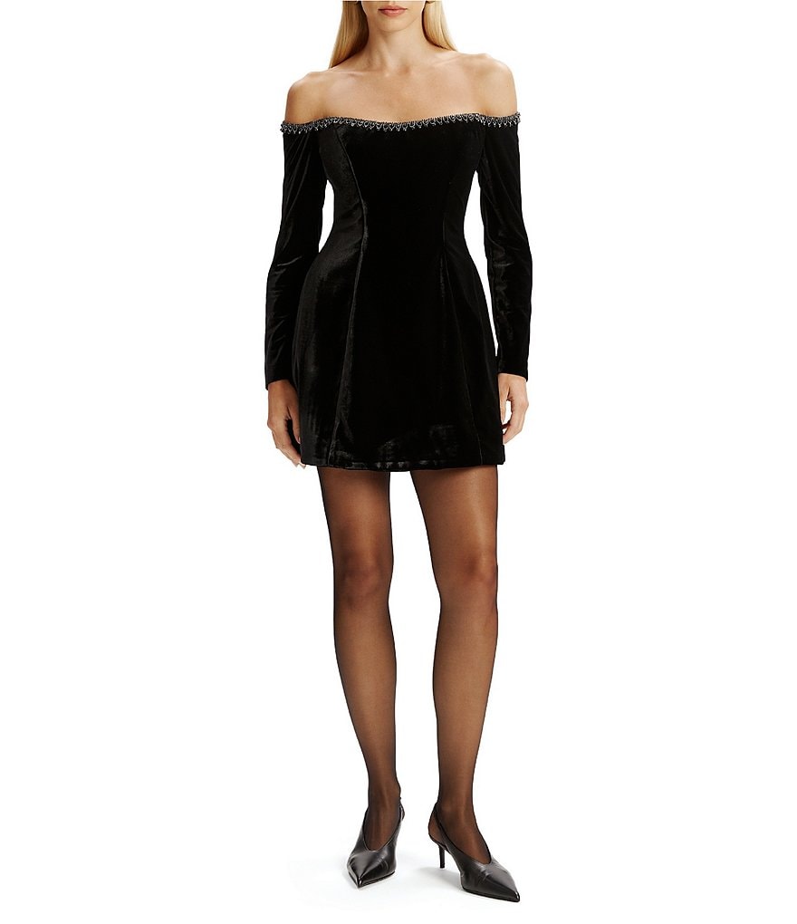 Bardot Nadene Trim Hourglass Velvet Off-The-Shoulder Long Sleeve A-Line  Mini Dress | Dillard's