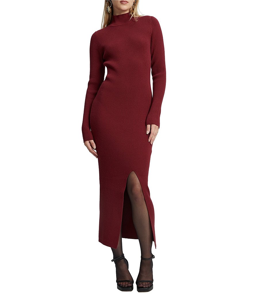 Bardot Tilda Ribbed Knit Turtleneck Long Sleeve Front Slit Midi Sweater ...