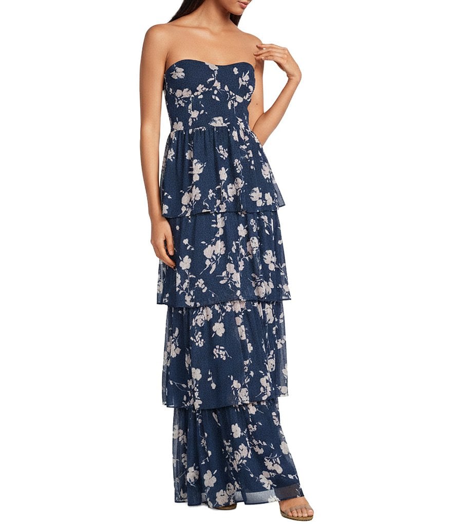 BCBG Chiffon Floral Print Strapless Tiered A-Line Maxi Dress | Dillard's