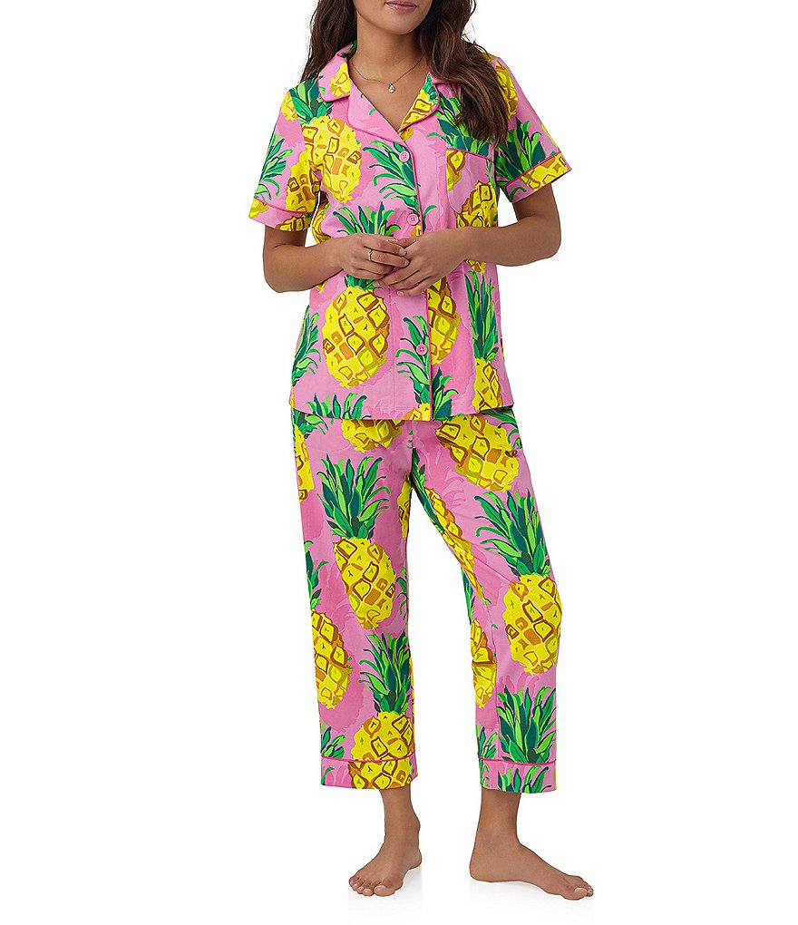 BedHead Pajamas Pineapple Print Short Sleeve Piping Trim Notch 