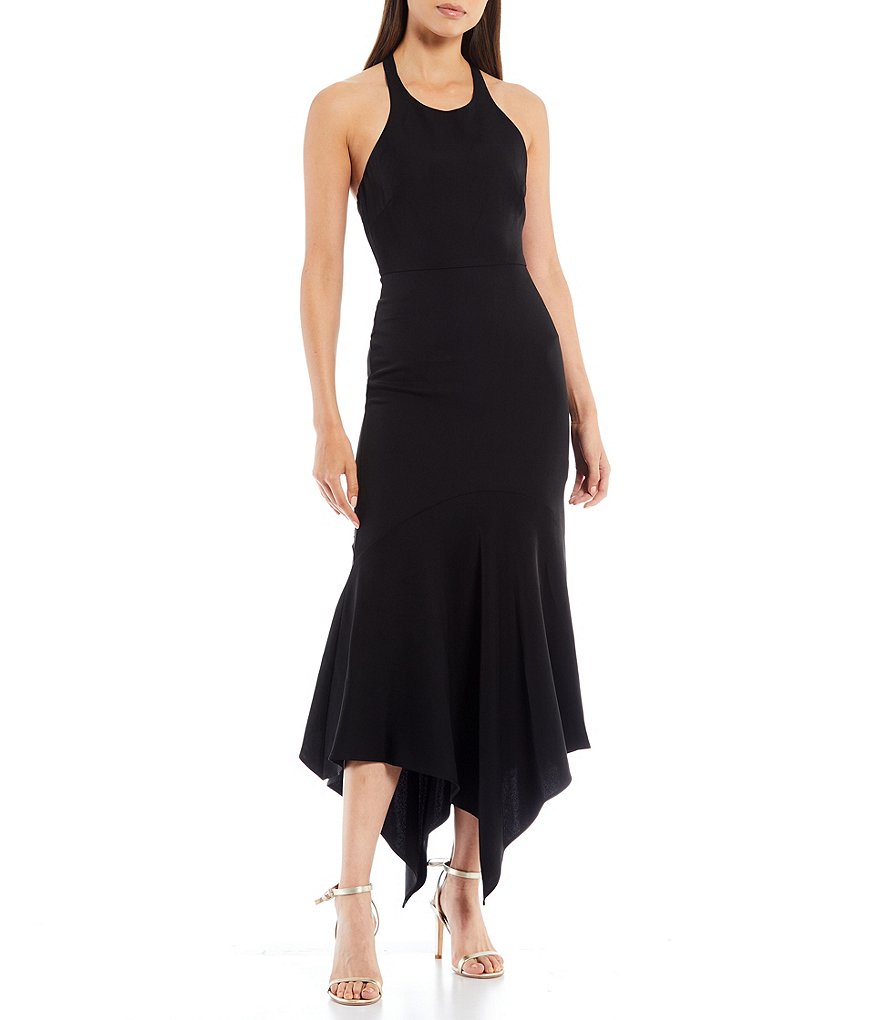 Belle Badgley Mischka Elynne Asymmetrical Hem Halter Neck Sleeveless Bow Tie Back Detail Midi Gown | Dillard's