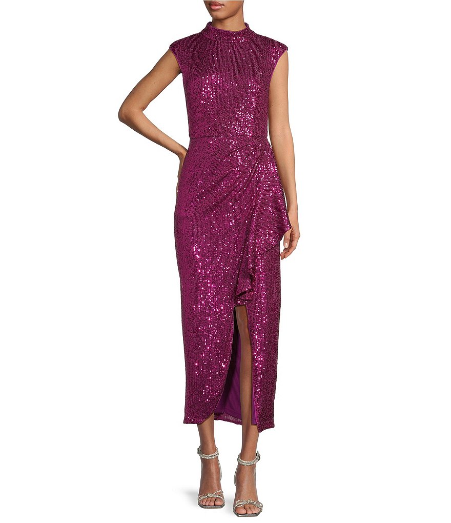 Belle Badgley Mischka Isla Sequin Mock Neck Cap Sleeve Front Slit