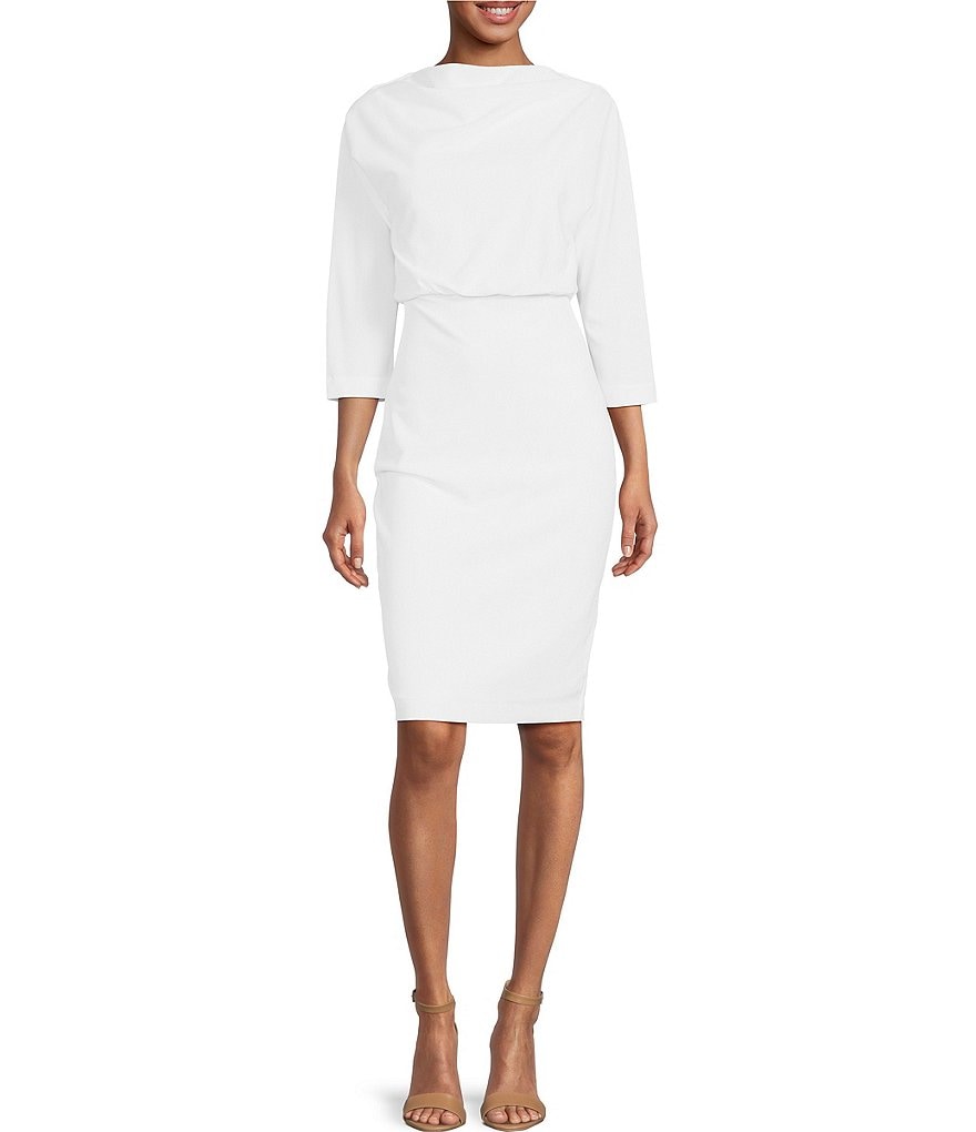 Belle by Badgley Mischka Draped Boat Neck 34 Sleeve Blouson Dress 6