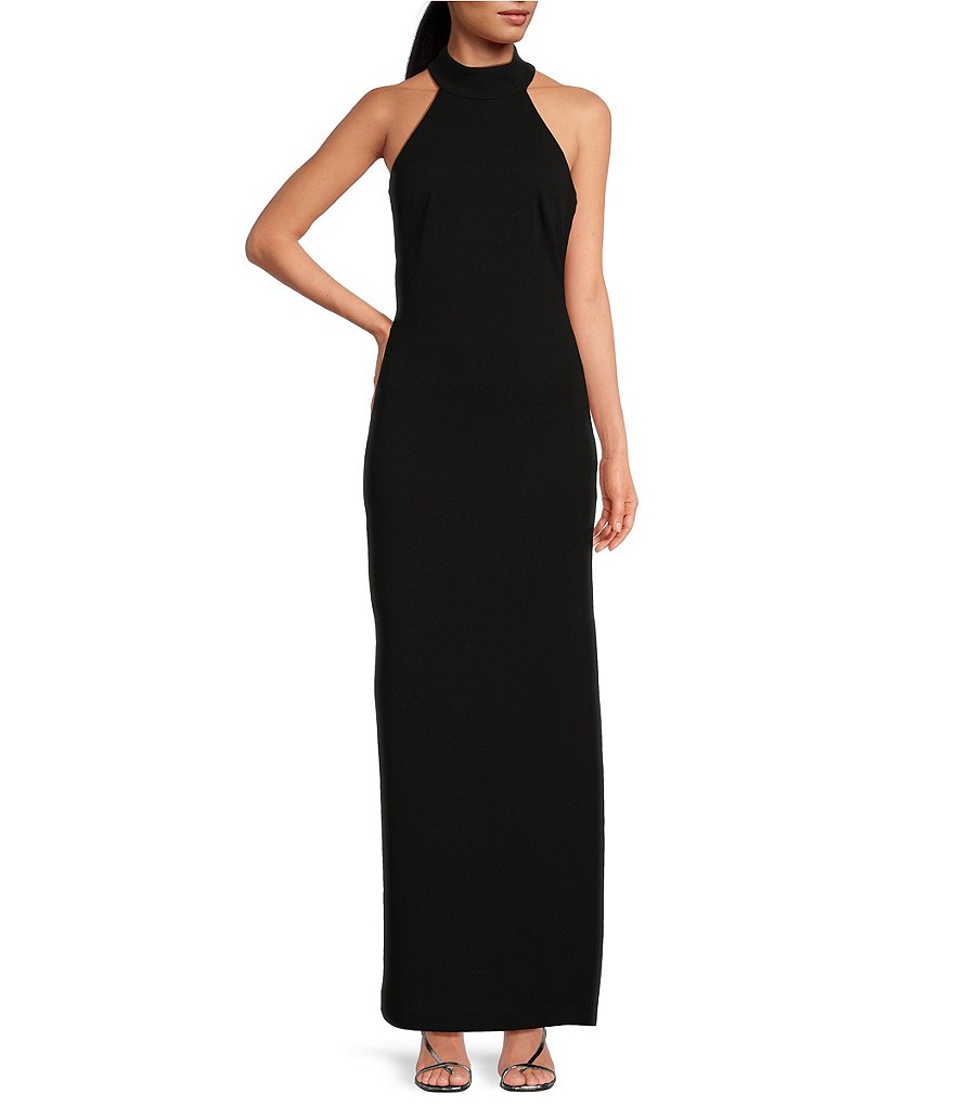 Belle Badgley Mischka Reese Halter Neck Sleeveless Crepe Side Slit Gown ...