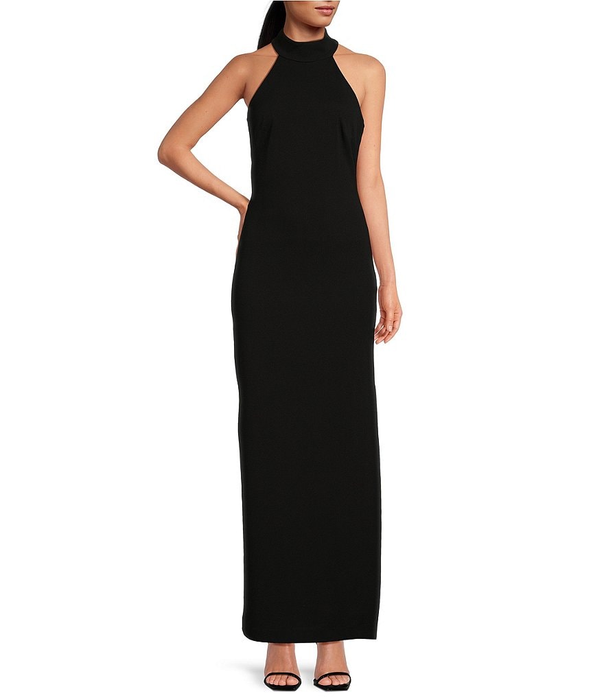 Belle Badgley Mischka Reese Halter Neck Sleeveless Crepe Side Slit Gown ...