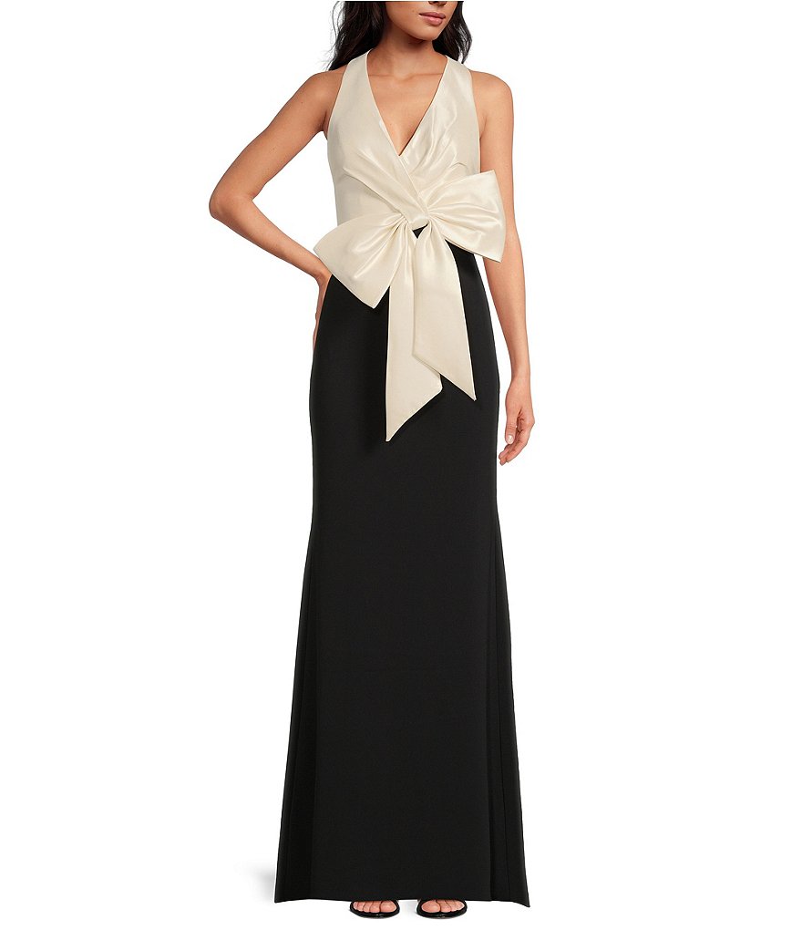 Belle by Badgley Mischka Isabella Bow V-Neck Halter Mother of the Bride Dress, Womens, 4, Ivory Black Belle by Badgley Mischka Isabella Bow V-Neck Halter Mother of the Bride Dress, Womens, 4, Ivory Black