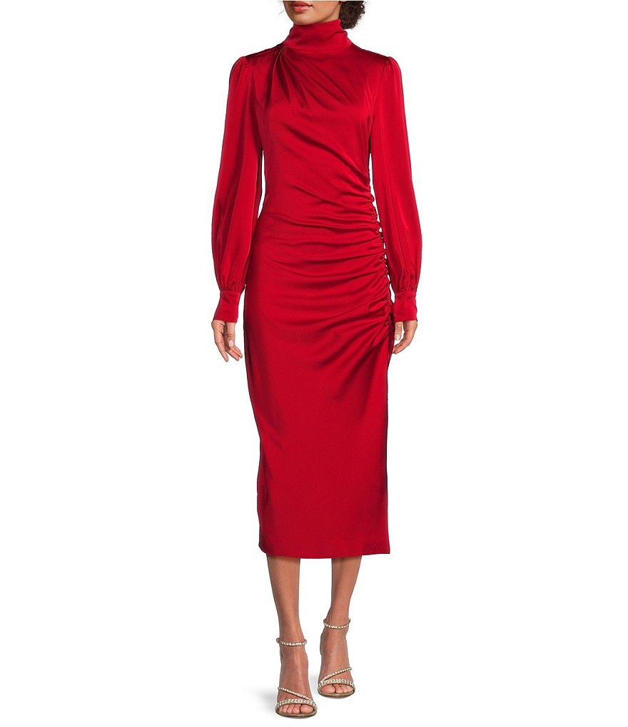 Belle by Badgley Mischka Penelope Satin Ruch Mock Neck Long Blouson Sleeve Split Hem Sheath Midi Dress Dillard s