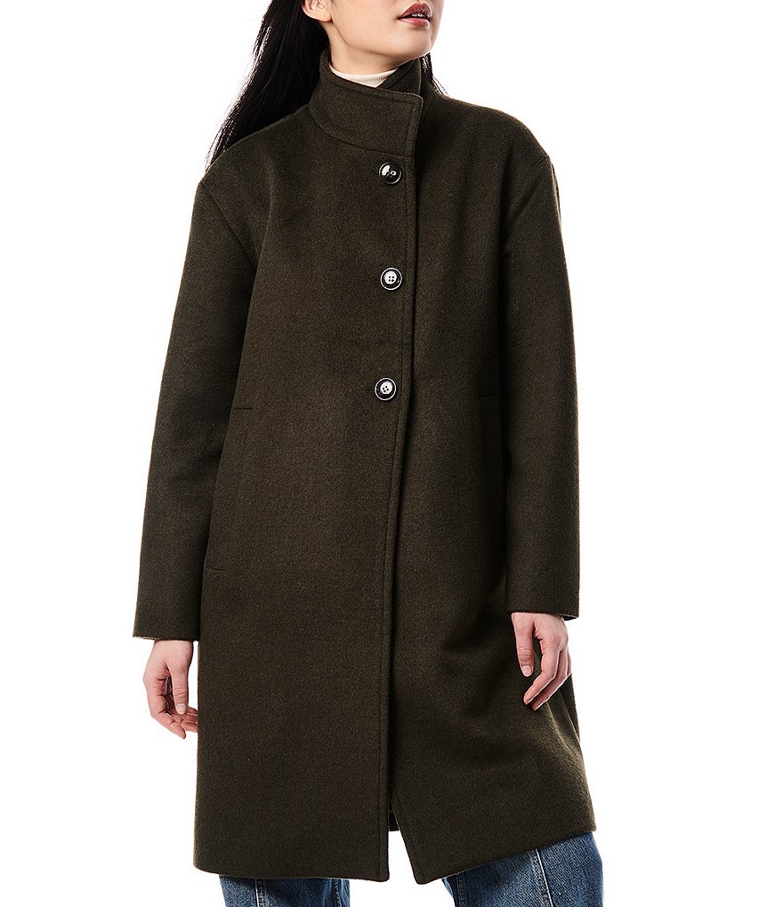 Bernardo Asymmetric Button Front Stand Collar Wool Coat