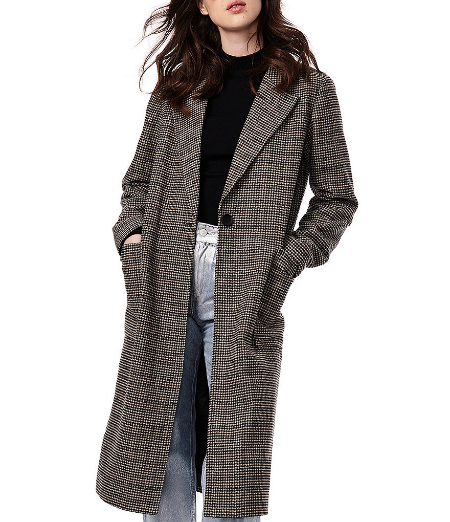Bernardo Houndstooth Single Breasted Stand Collared Maxi Wool Coat