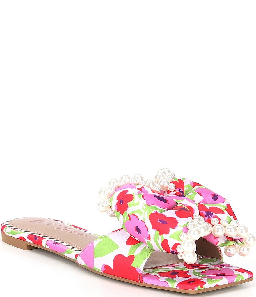 Betsey Johnson Liah Floral Print Pearl Embellished Slide Sandals