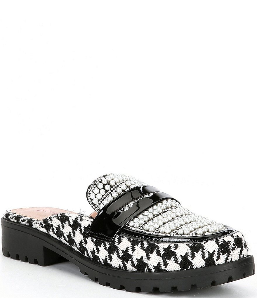 Betsey Johnson Ronin Houndstooth Pearl Lug Sole Loafer Mules | Dillard's