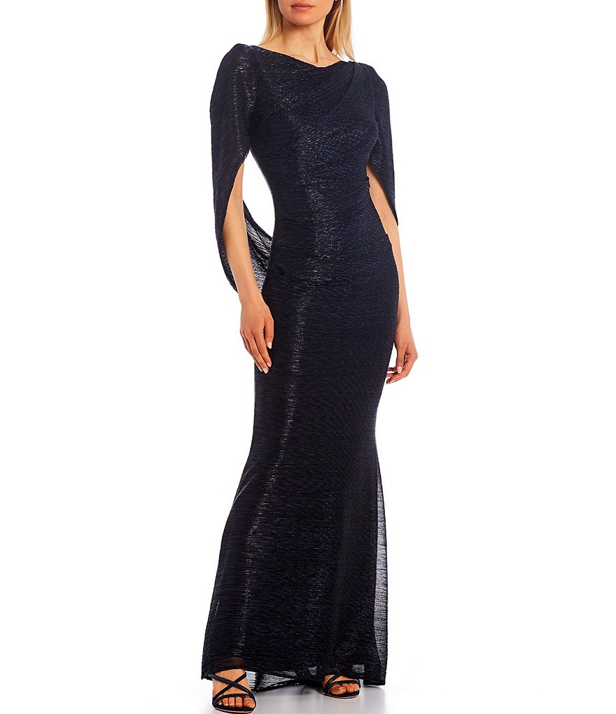 Betsy Adam Drape Back Detail 3 4 Cape Sleeve Draped Round Neck Metallic Crinkle Ruched Sheath Gown Dillard s