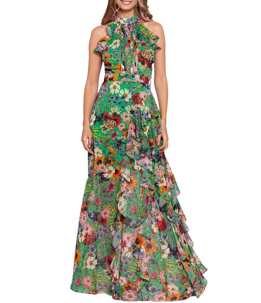 Betsy & Adam Halter Chiffon Print Ruffled Gown Women's Dress Green : 10