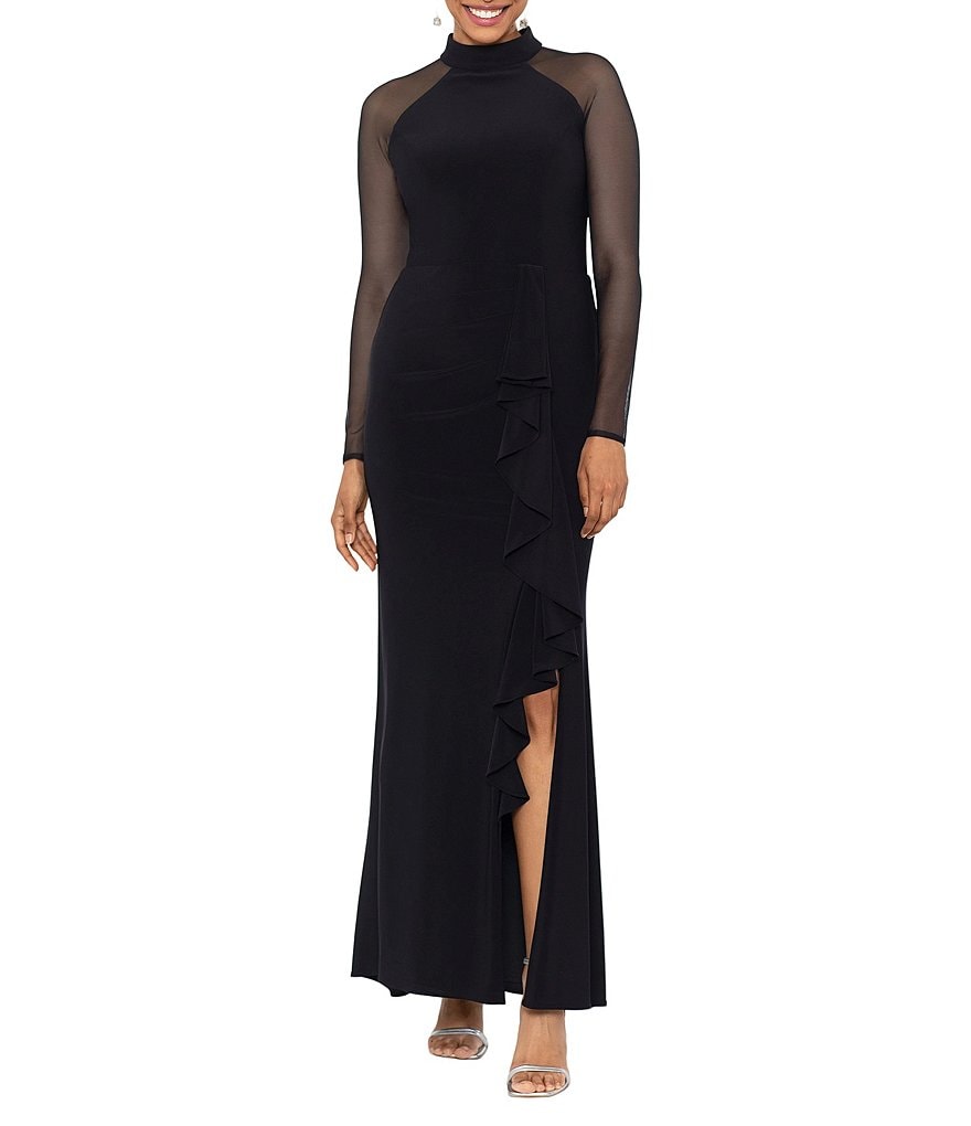 embellished illusion high neck long sleeve fit & flare dress Bebe Women's Long Sleeve Embellished Illusion Mesh Mini Dress main image 0