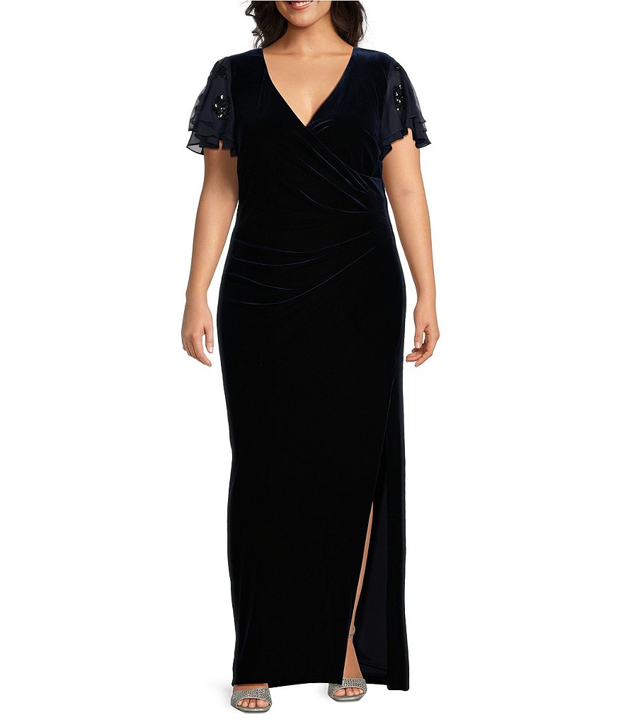 Betsy & Adam Plus Size Velvet V-Neck Short Flutter Sleeve Side Ruched Gown  | Dillard's