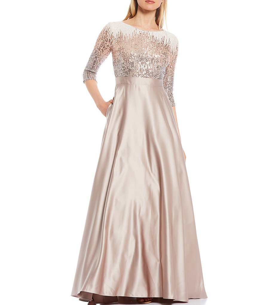 Betsy & Adam Sequin Bodice Round Neck 3/4 Sleeve Satin Ball Gown ...