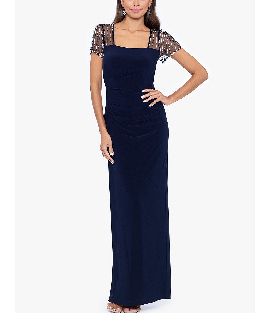 Betsy & Adam Square Neck Short Beaded Sleeve Open Back Gown | Dillard's