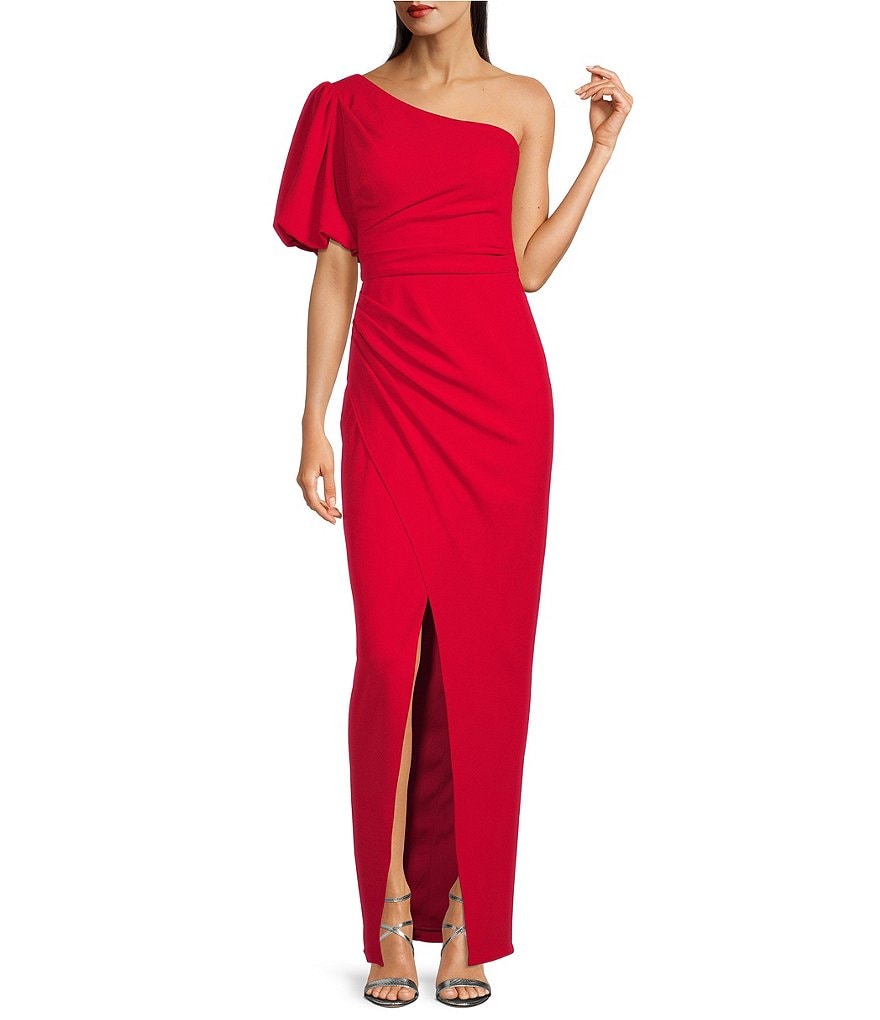 Betsy & Adam Stretch Crepe One Shoulder Side Ruched Gown | Dillard's