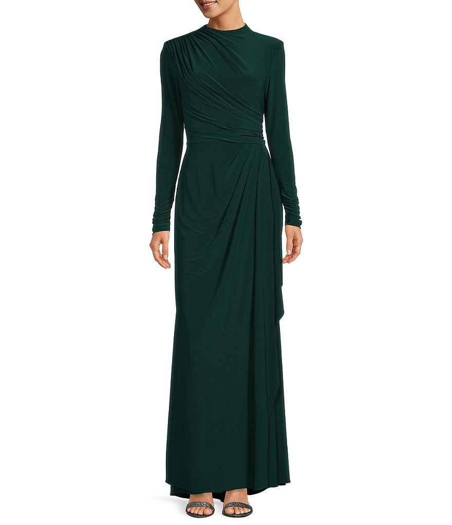 Betsy & Adam Stretch Jersey Side Drape Round Neck Long Sleeve Gown ...