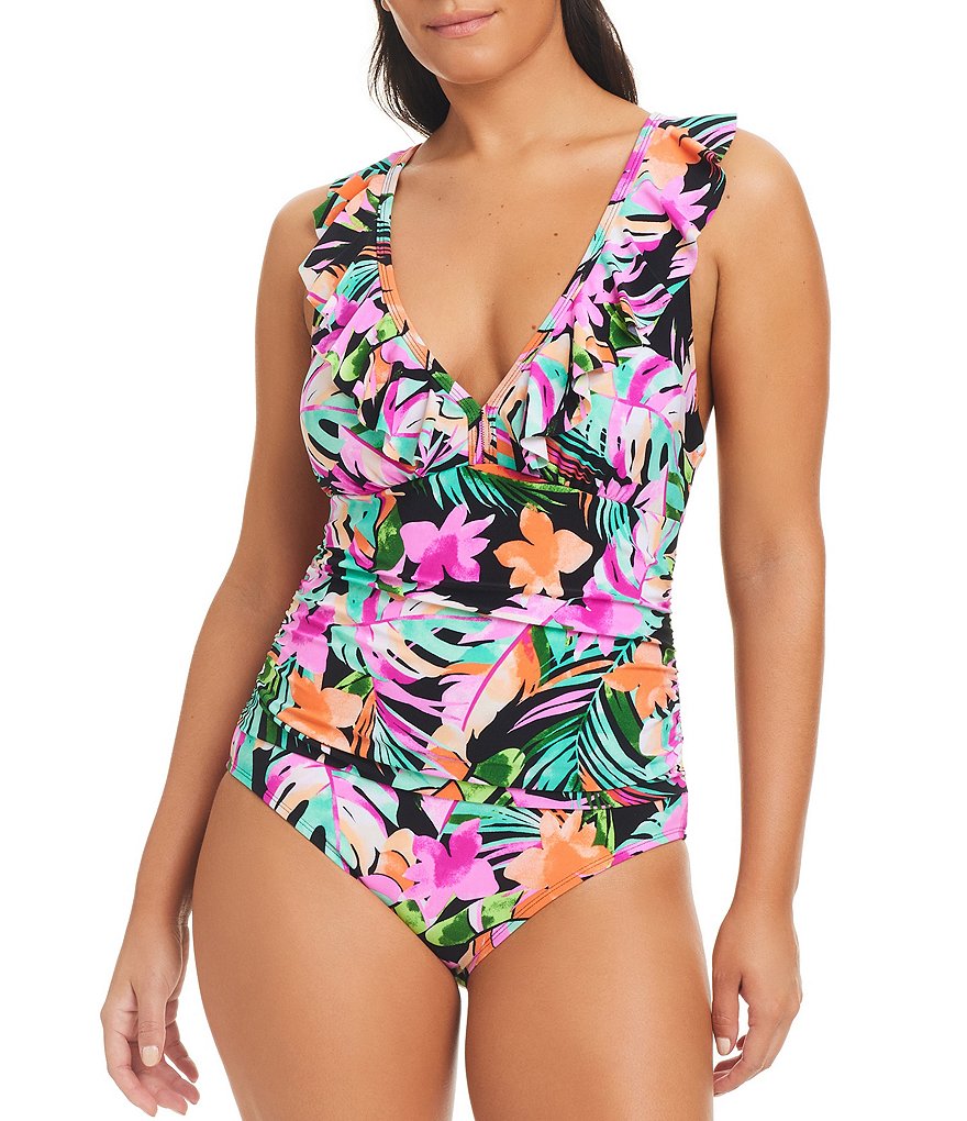 Beyond Control Bora Bora Bay Floral Print Ruched Ruffle Plunge One Piece Swimsuit Dillard s