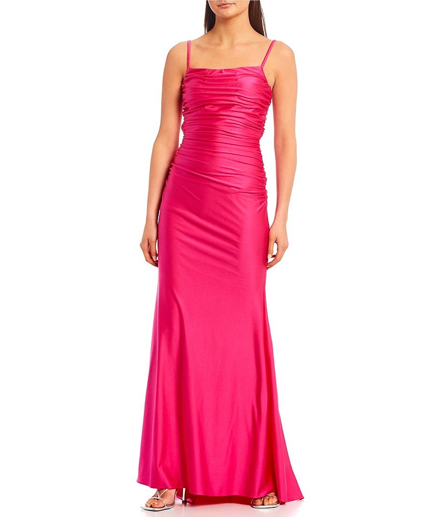 Blondie Nites Square Neck Ruched Bodice Open Back Gown | Dillard's