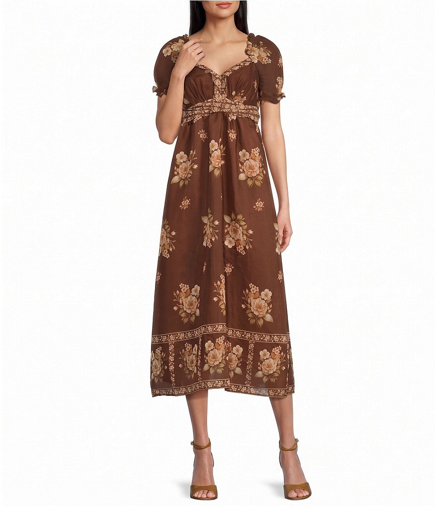 Floral Printed Short Puff Sleeve Tie Back Midi Dress