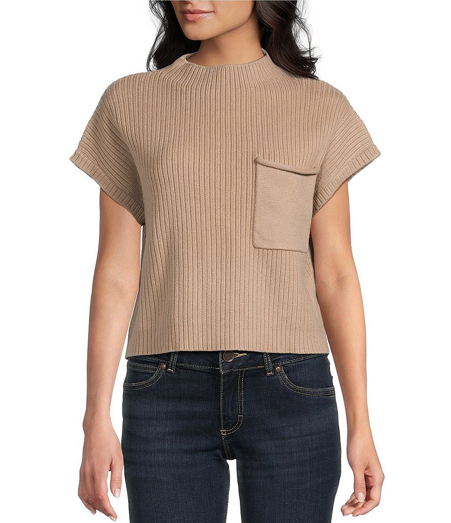 Blu Pepper Knit Mock Neck Front Pocket Short Sleeve Sweater