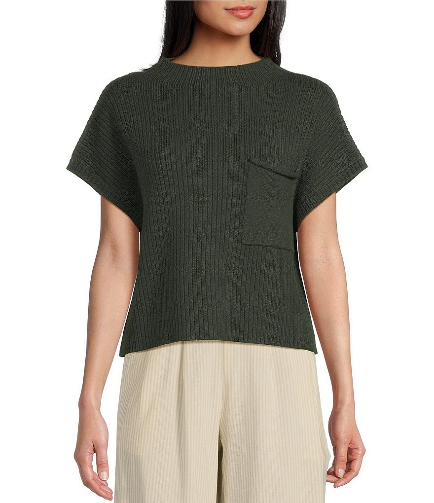 Blu Pepper Knit Mock Neck Front Pocket Short Sleeve Sweater