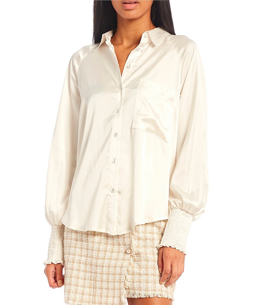 Blu Pepper Long Sleeve Smocked Wrists Button Down Satin Shirt | Dillard's