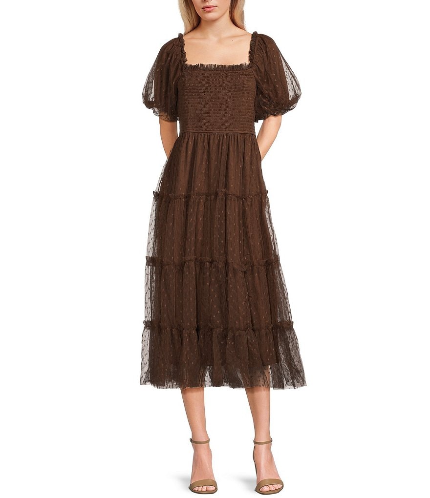 Blu Pepper Women's Puff Sleeve Midi Dress - Brown - Casual dresses Blu Pepper Women's Puff Sleeve Midi Dress - Brown - Casual dresses
