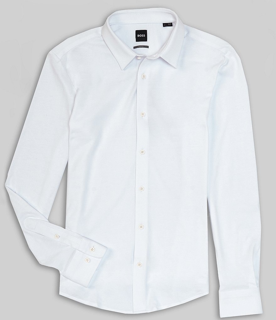 Boss Men's Slim-Fit Long-sleeved Polo Shirt with Woven Pattern - Open White - Size Medium